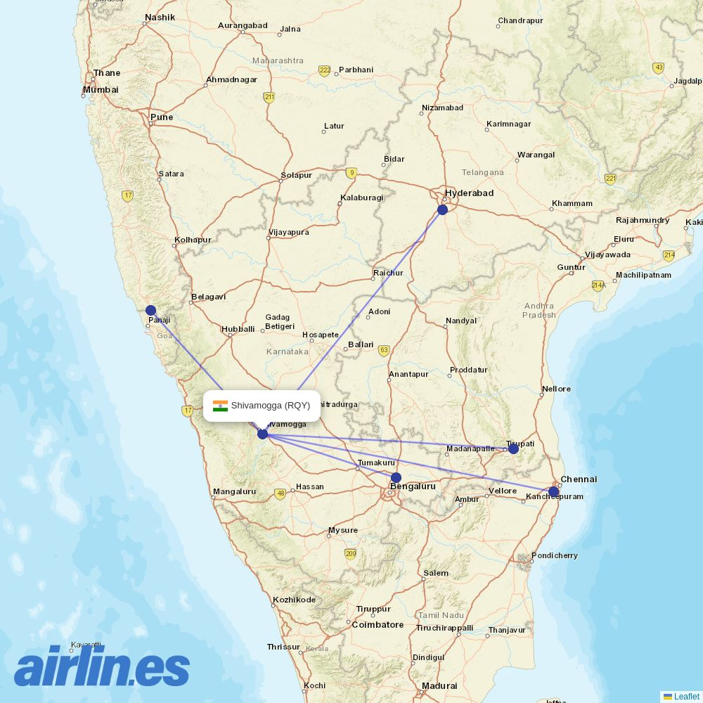 SpiceJet from Shivamogga Airport destination map