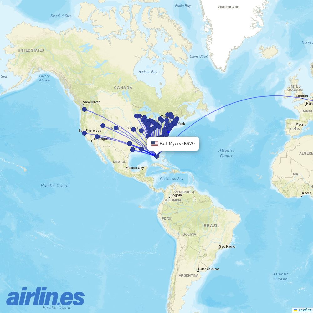 American Airlines from Southwest Florida International Airport destination map