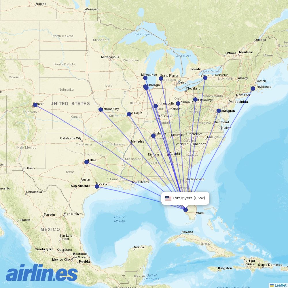 Southwest Airlines from Southwest Florida International Airport destination map