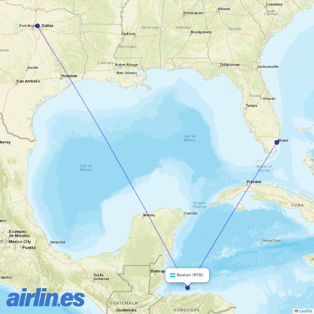 American Airlines from Roatan destination map
