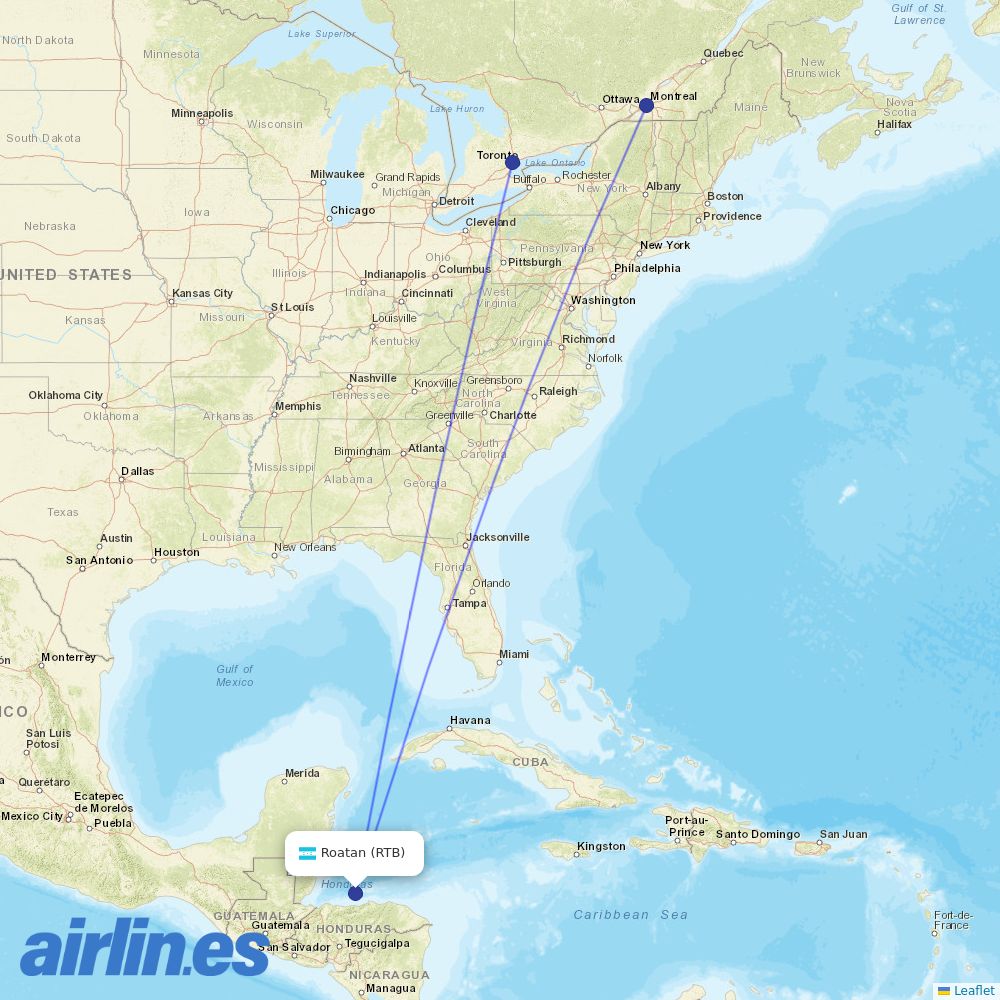 WestJet from Roatan destination map