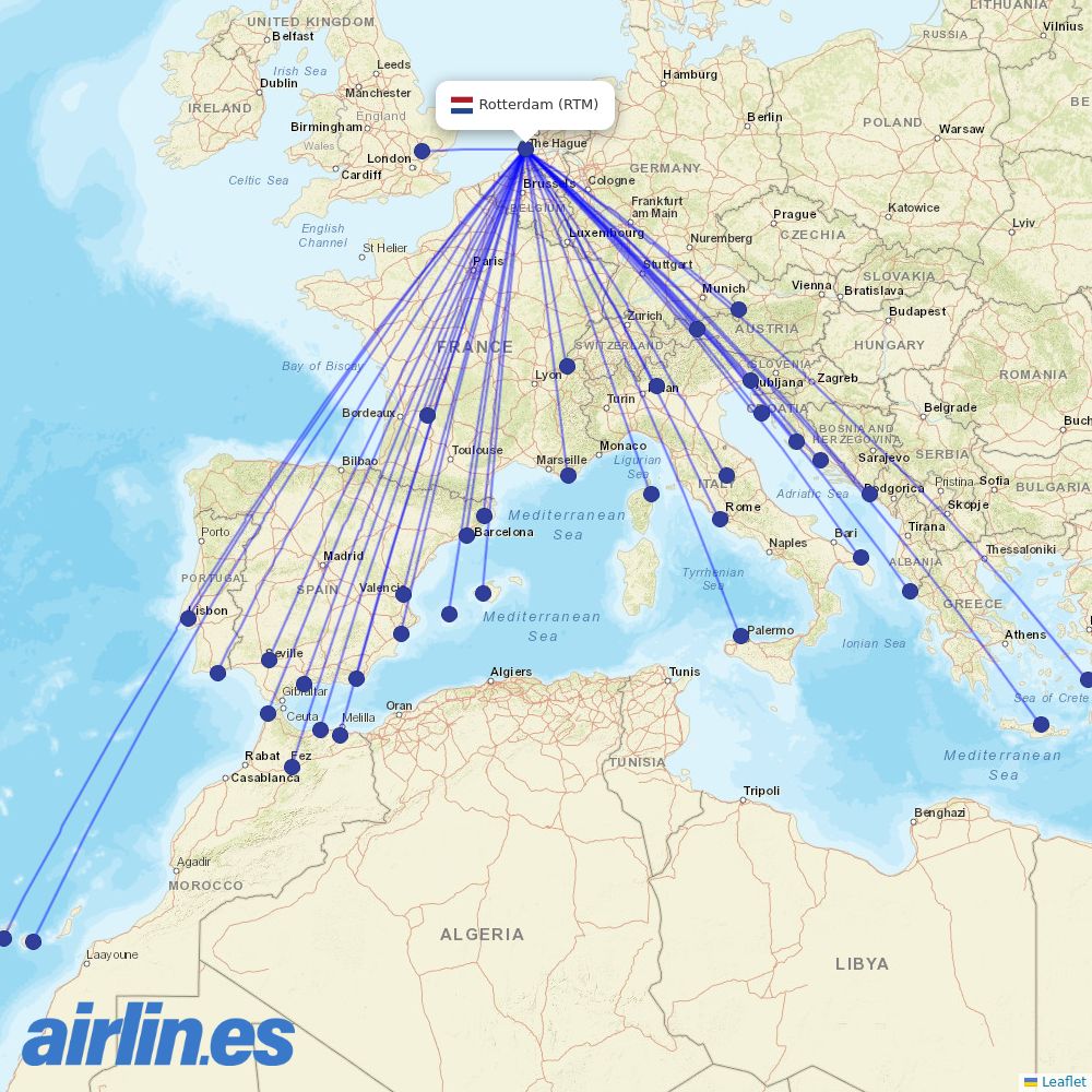 Transavia from Rotterdam The Hague Airport destination map