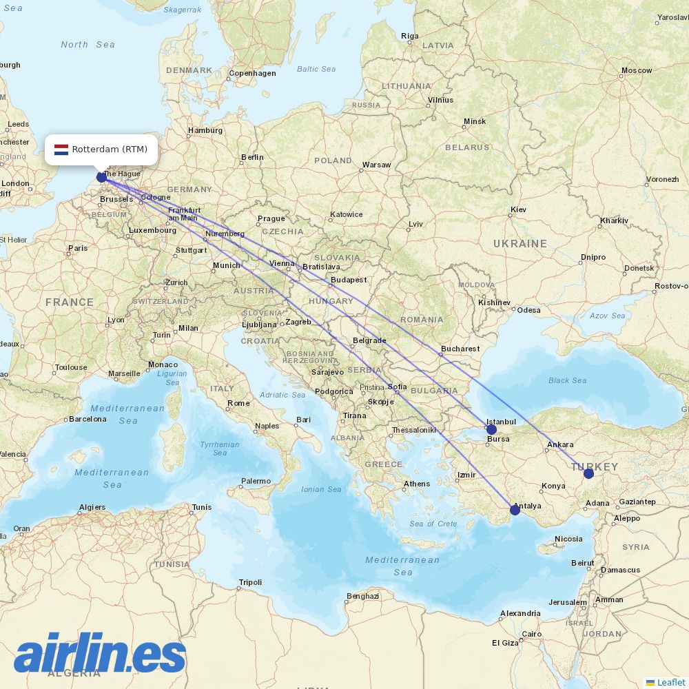 Pegasus from Rotterdam The Hague Airport destination map
