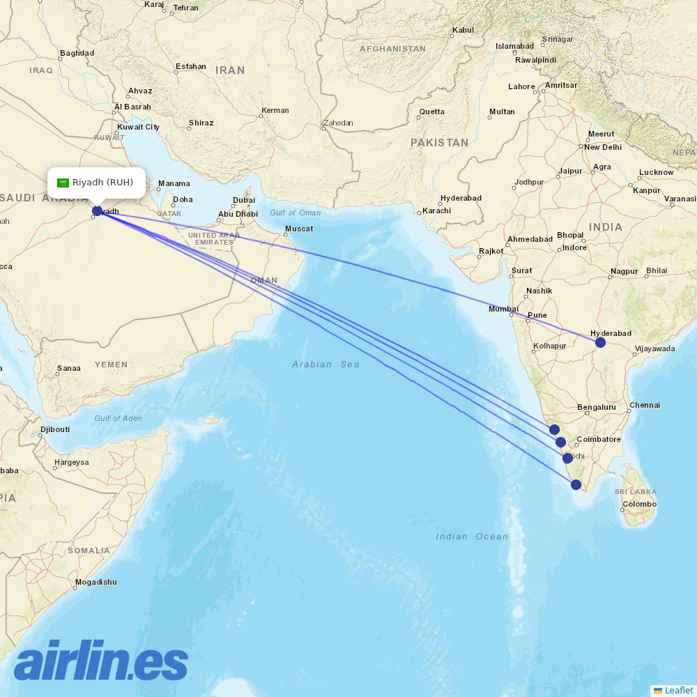 Air India Express from King Khaled International destination map