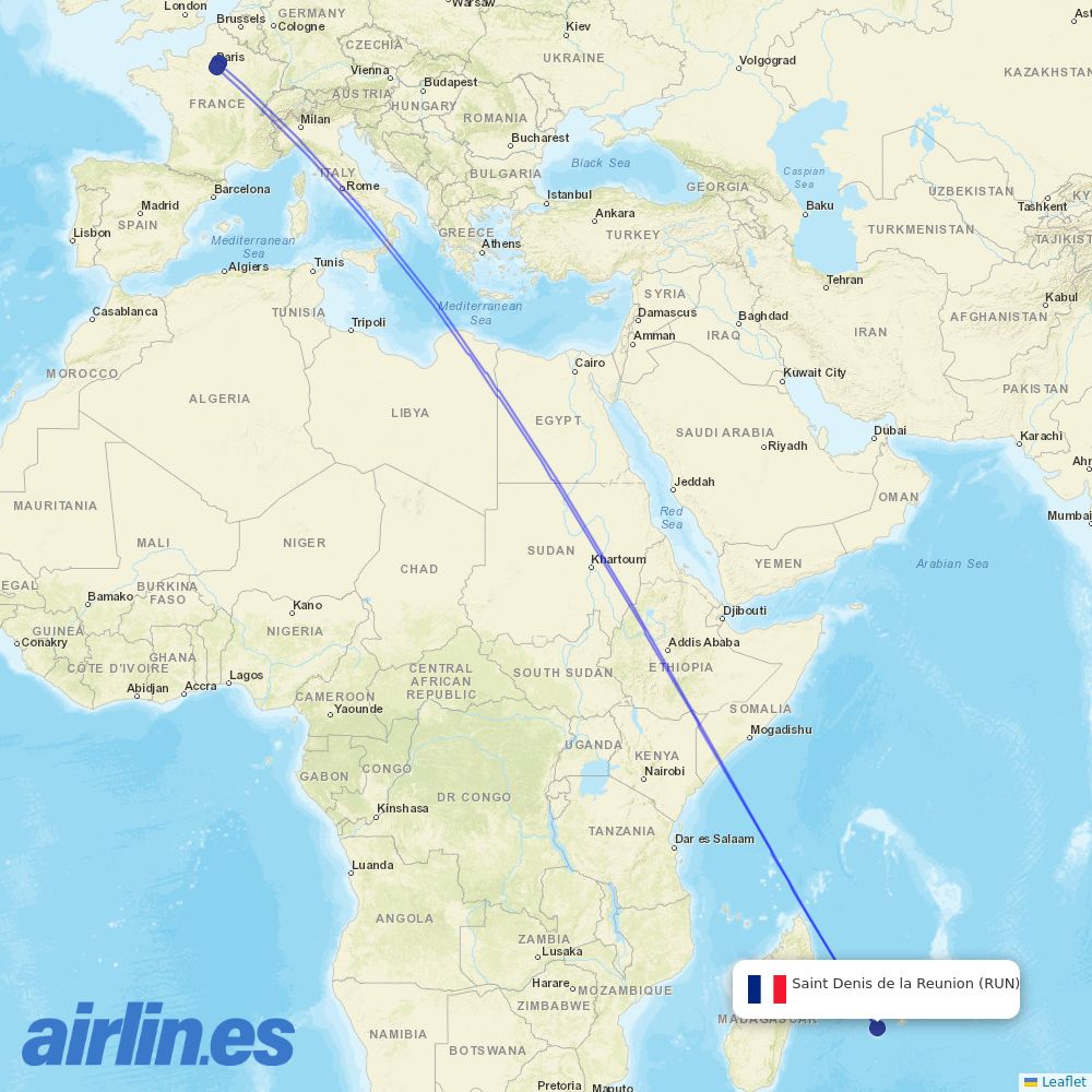 Air France from St Denis de la Reunion destination map