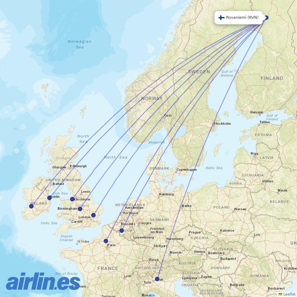 Ryanair from Rovaniemi destination map