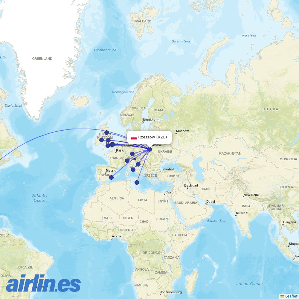 Ryanair from Jasionka destination map