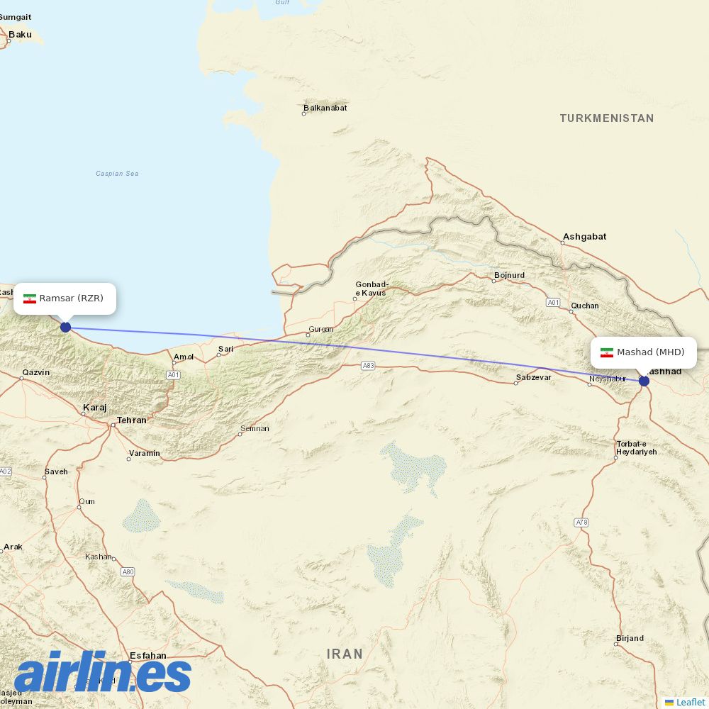 Iran Aseman Airlines from Ramsar destination map