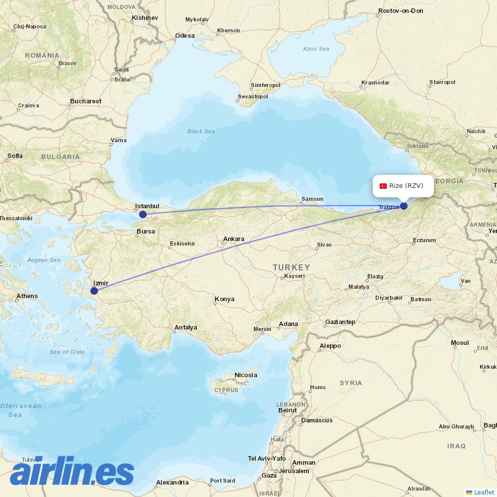 Pegasus from Rize-Artvin Airport destination map