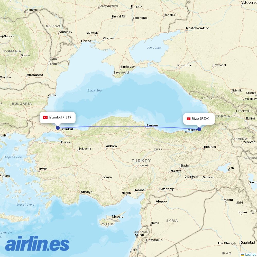 Turkish Airlines from Rize-Artvin Airport destination map