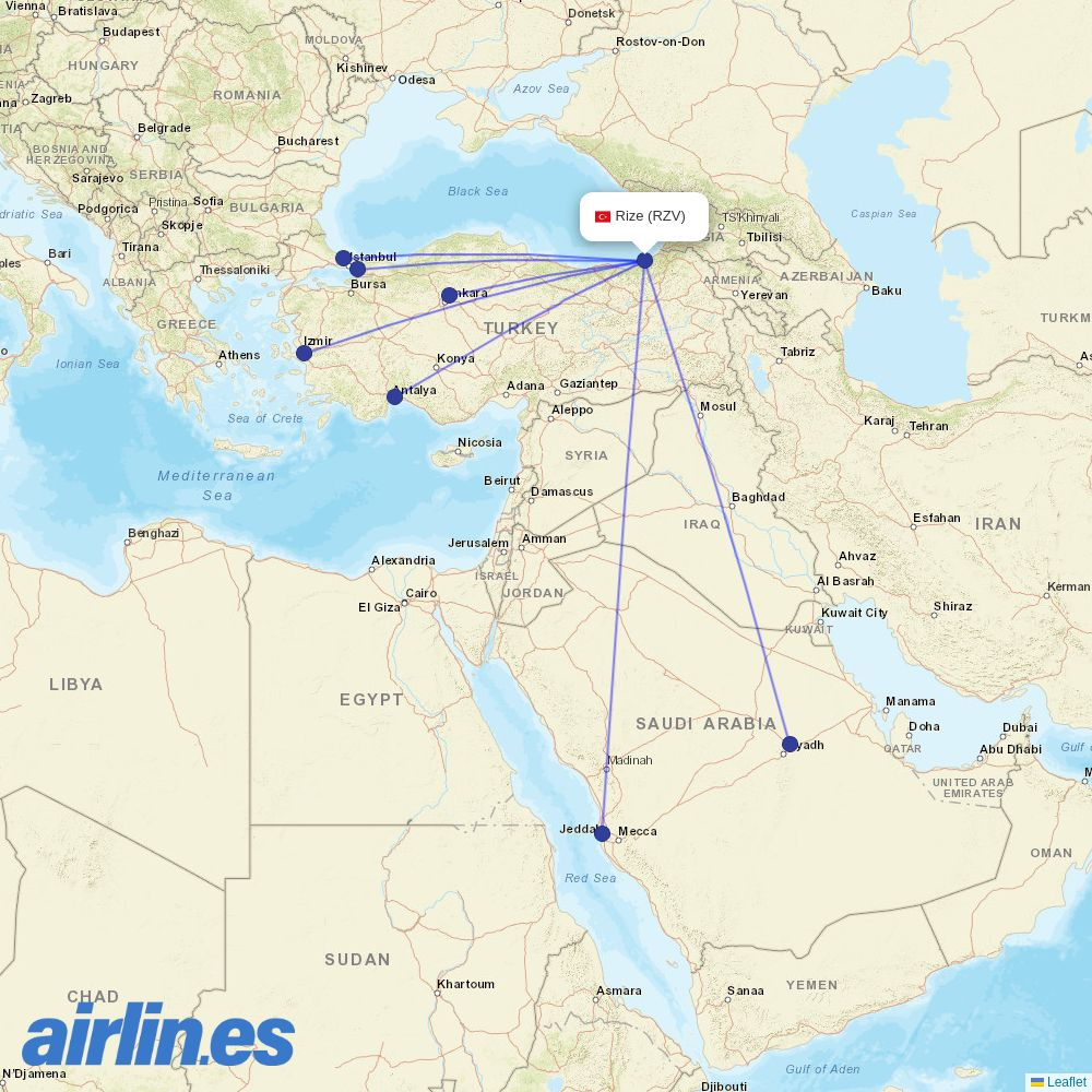 SunExpress from Rize-Artvin Airport destination map