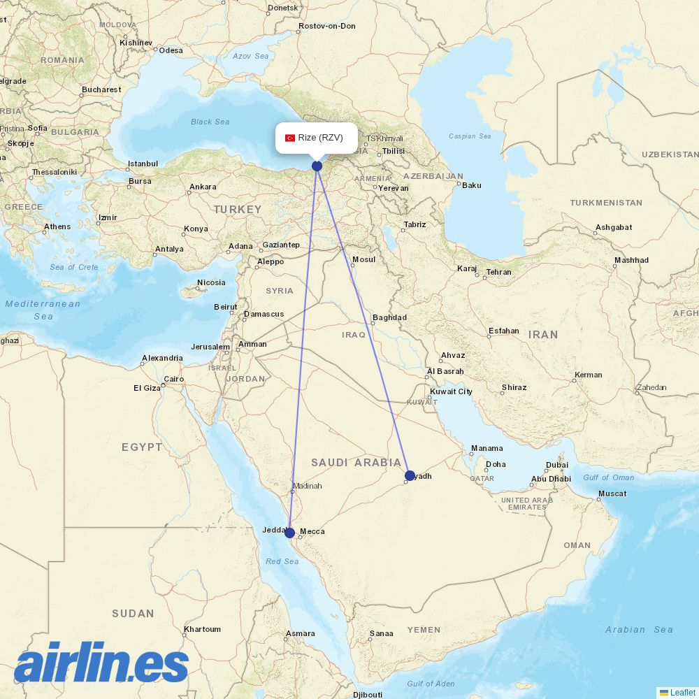 Flynas from Rize-Artvin Airport destination map