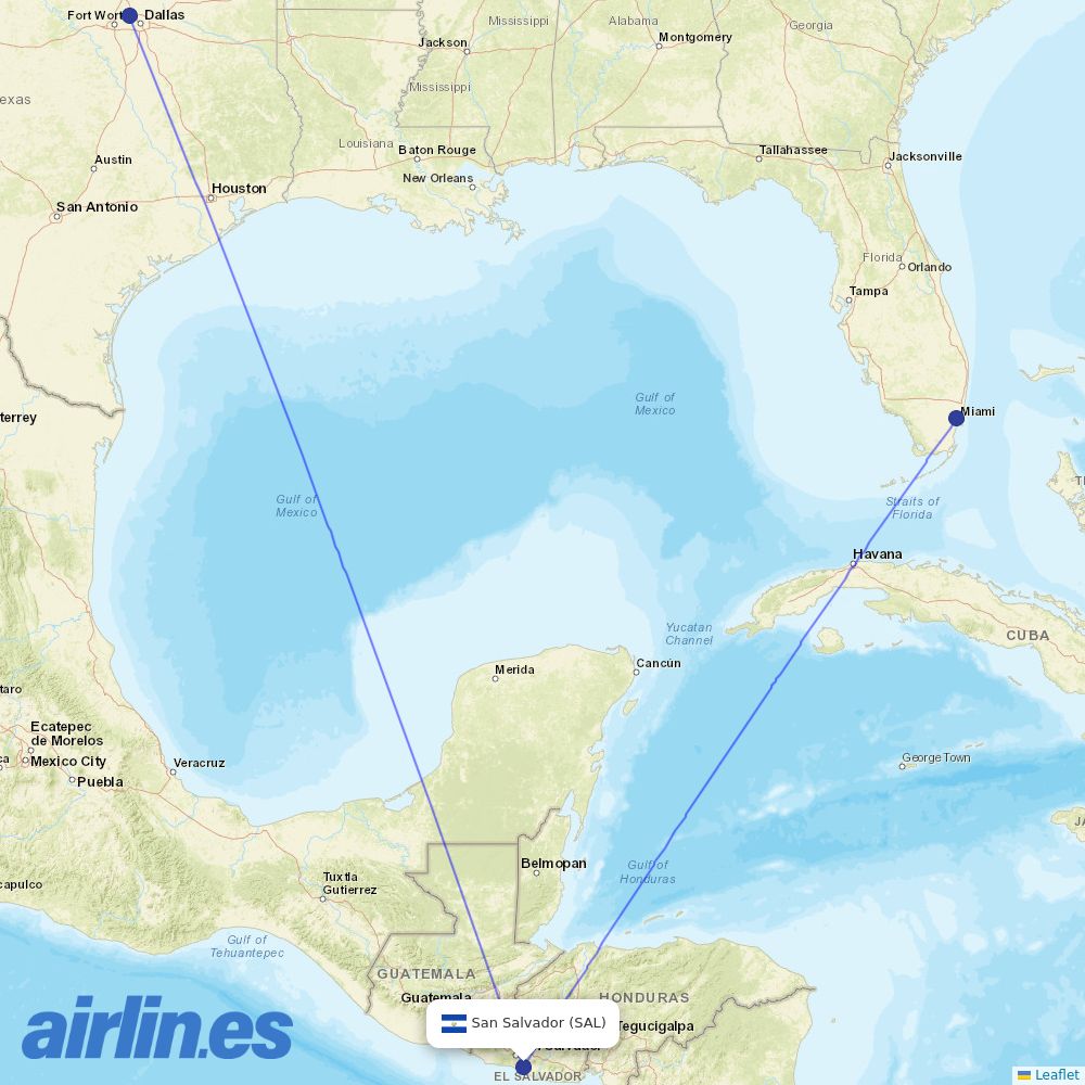 American Airlines from El Salvador International destination map