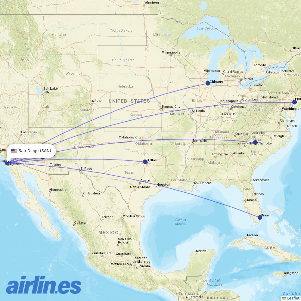 American Airlines from San Diego International Airport destination map