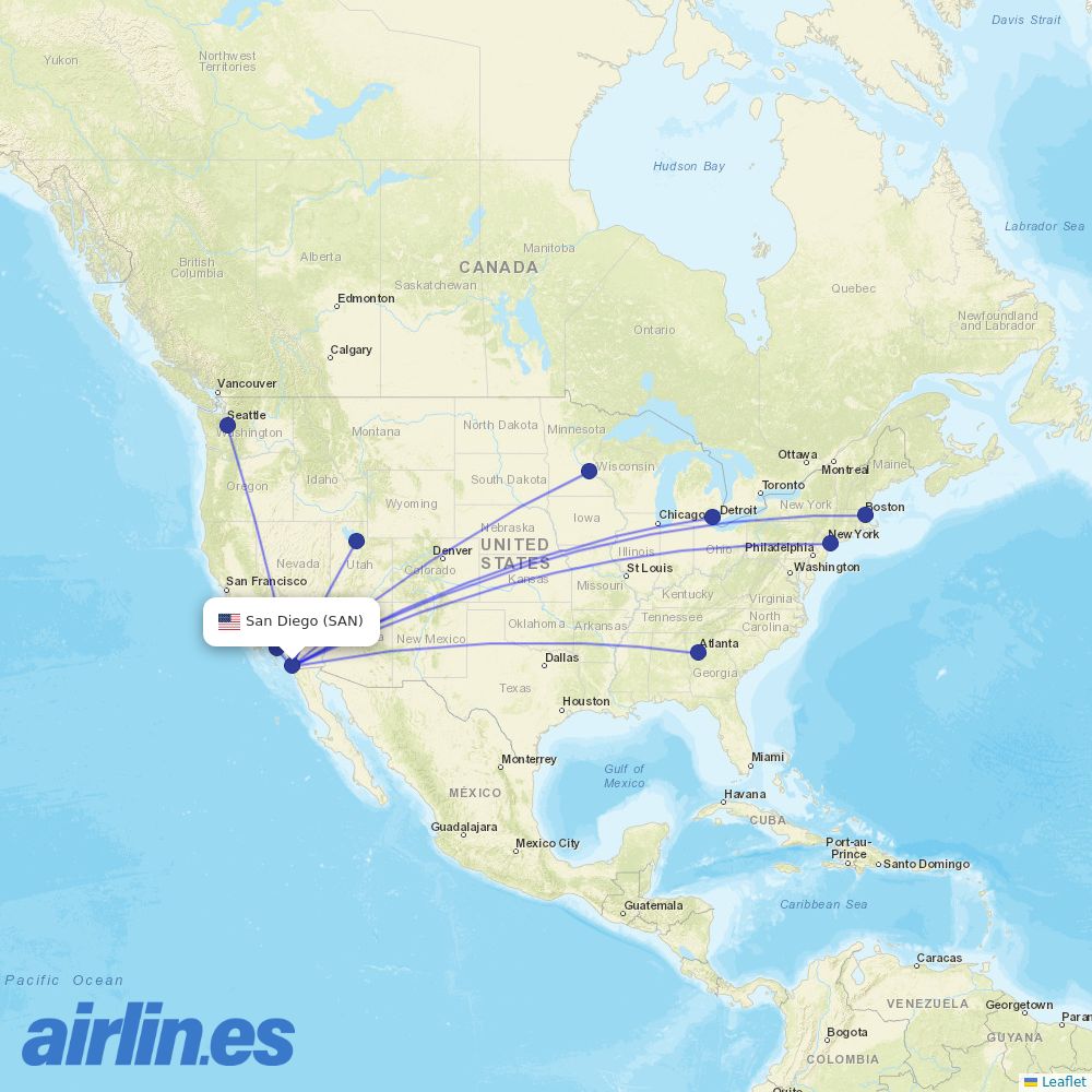 Delta Air Lines from San Diego International Airport destination map