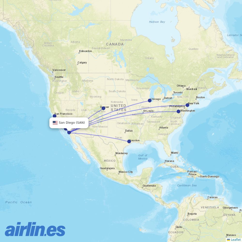 United Airlines from San Diego International Airport destination map