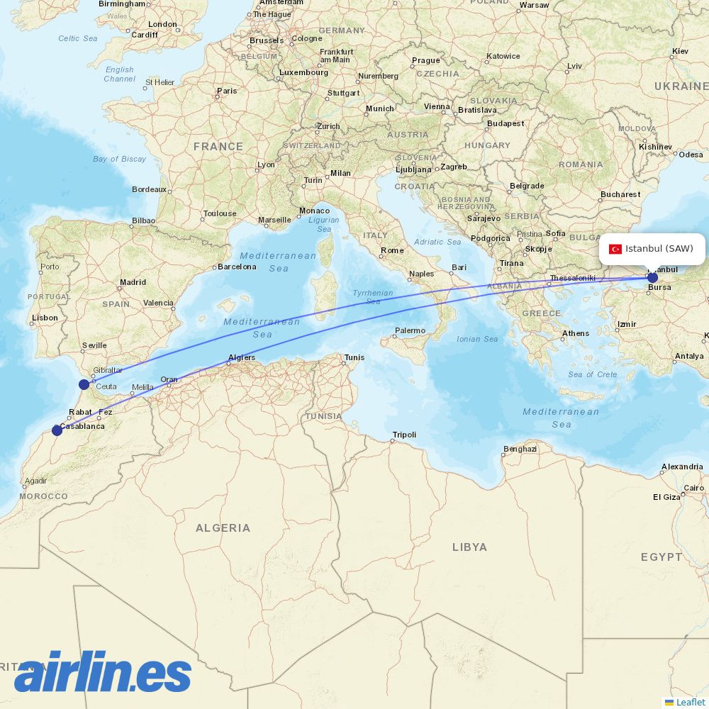 Air Arabia Maroc from Istanbul Sabiha Gökçen International Airport destination map