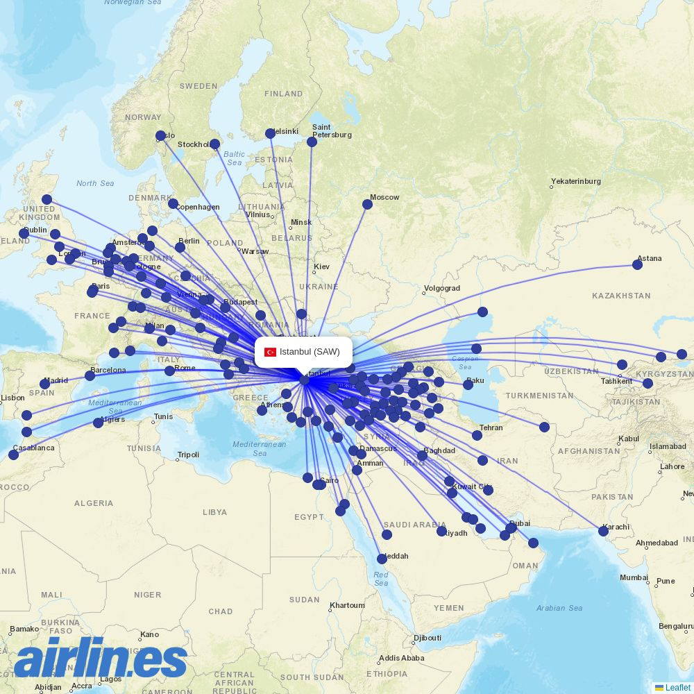 Iraqi Airways from Istanbul Sabiha Gökçen International Airport destination map
