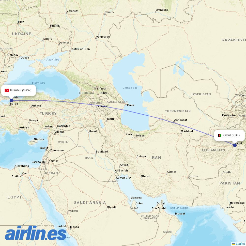 Kam Air at SAW route map