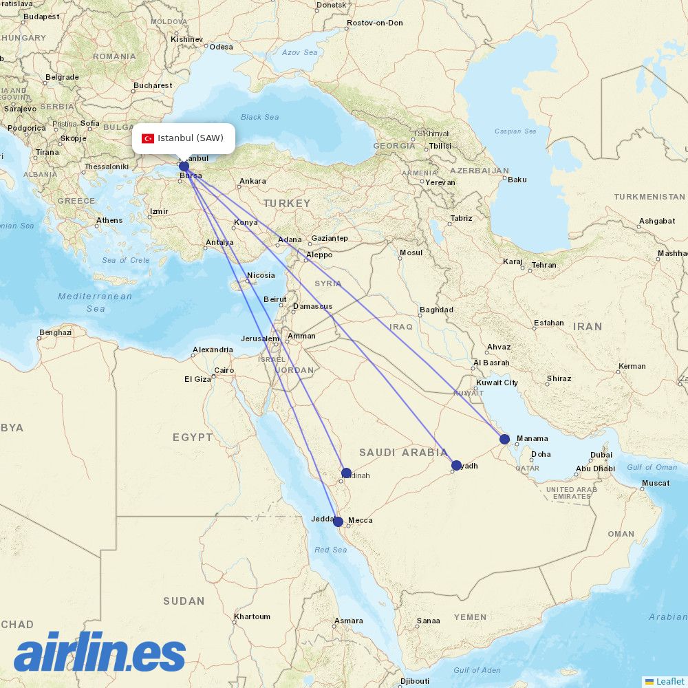 Flynas from Istanbul Sabiha Gökçen International Airport destination map