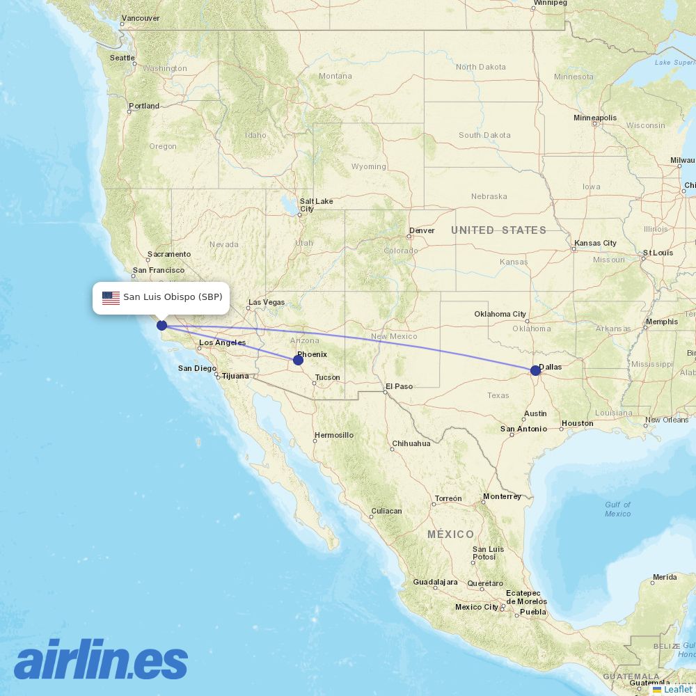 American Airlines from San Luis County Regional Airport destination map