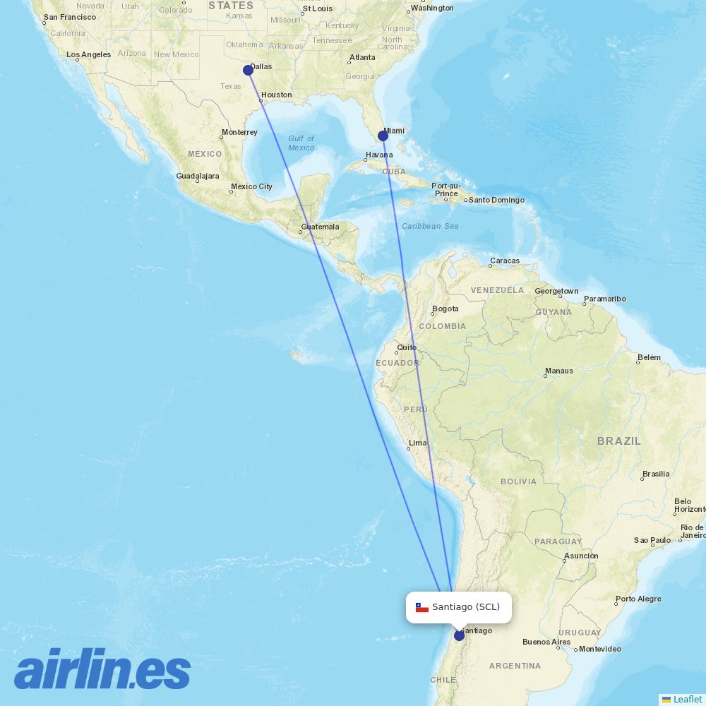 American Airlines from Arturo Merino Benítez International Airport destination map