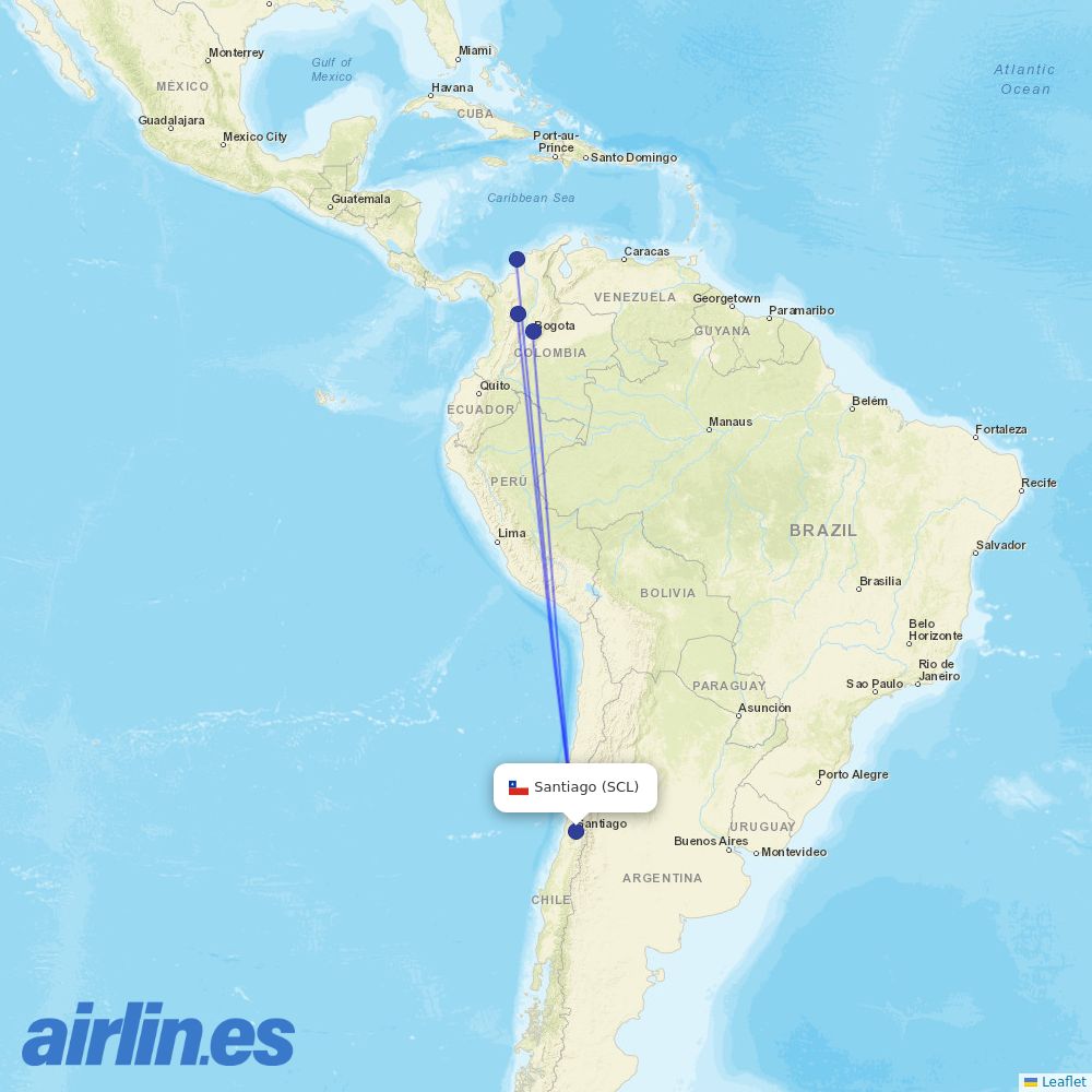 AVIANCA from Arturo Merino Benítez International Airport destination map