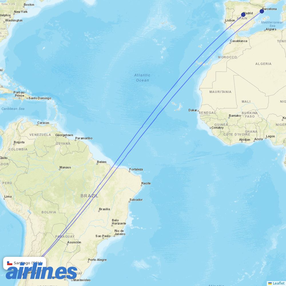 Iberia from Arturo Merino Benítez International Airport destination map