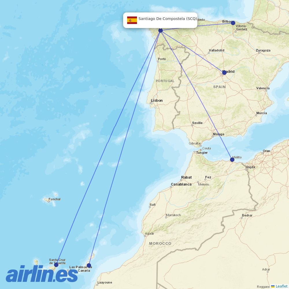 Iberia from Santiago destination map