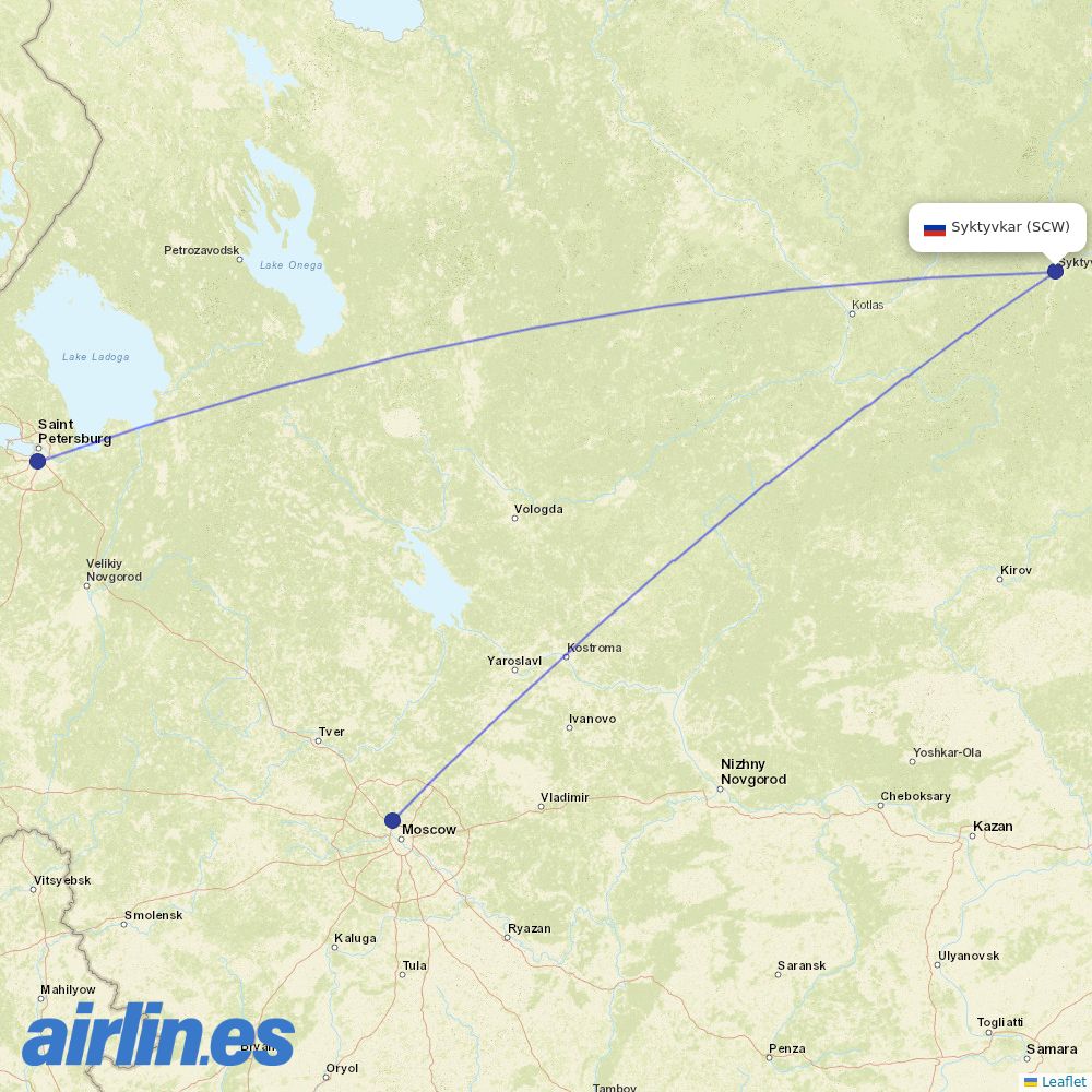 Aeroflot from Syktyvkar destination map