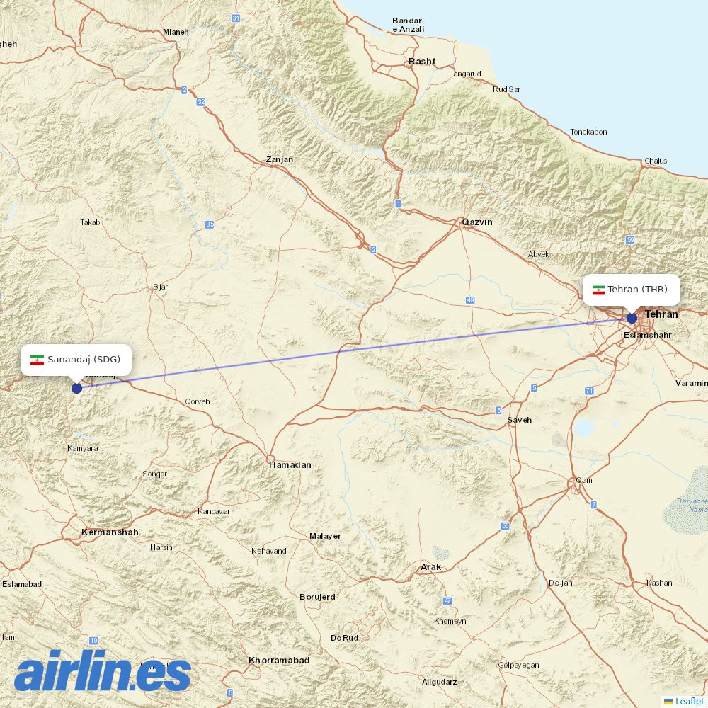 Qeshm Air from Sanandaj destination map