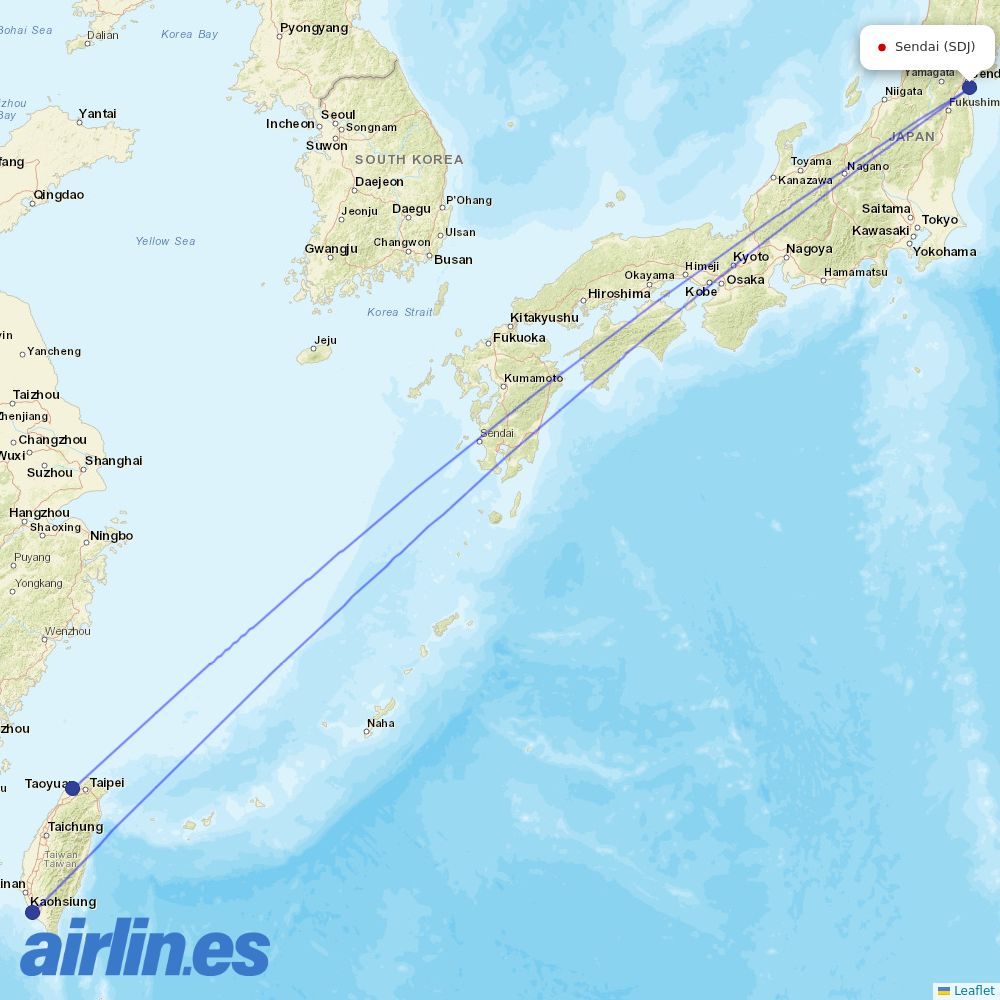 Tigerair Taiwan from Sendai Airport destination map