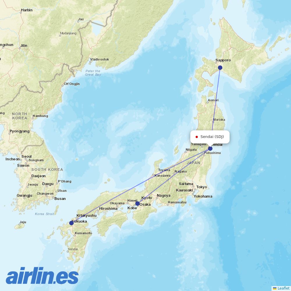 JAL from Sendai Airport destination map
