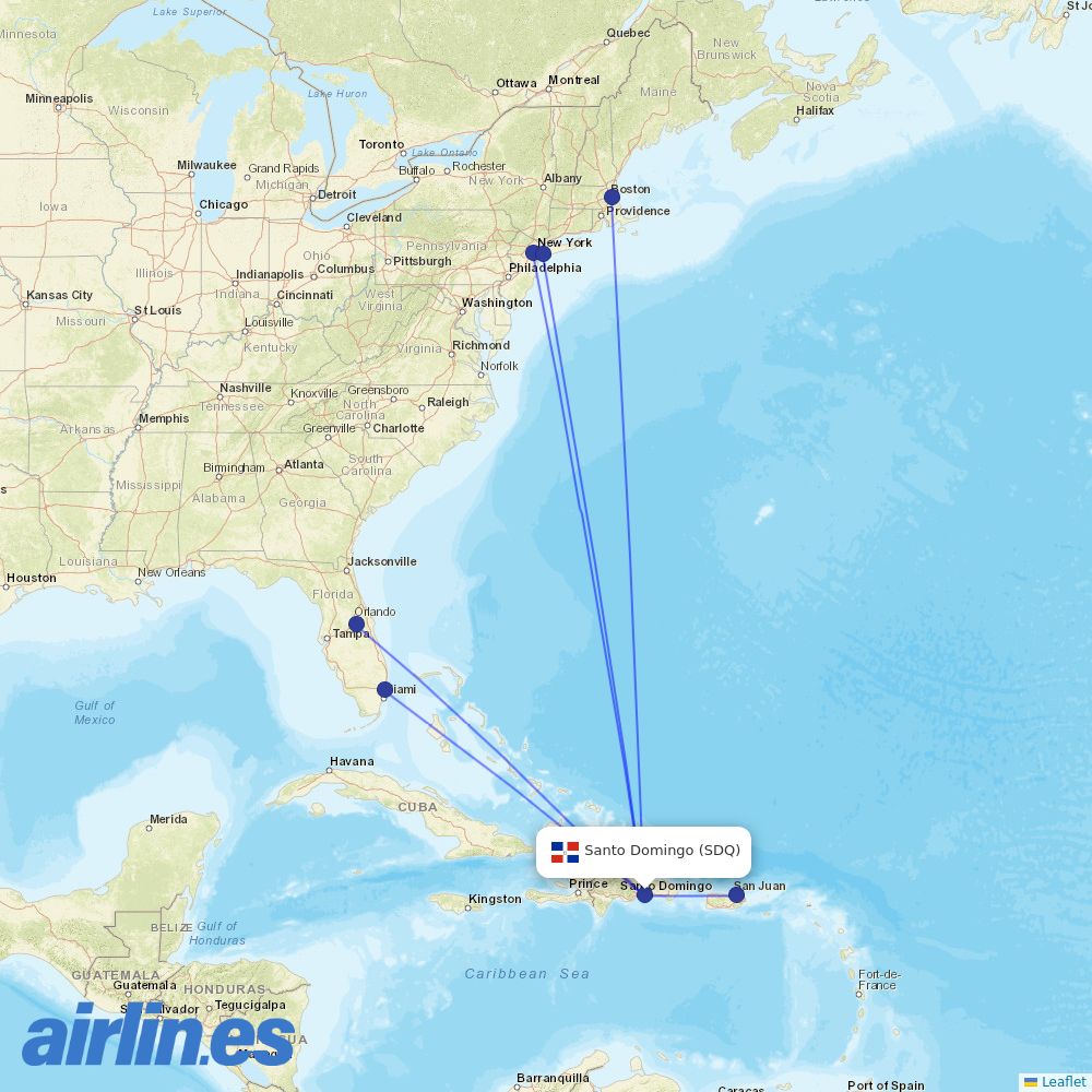 JetBlue Airways from Las Americas International destination map
