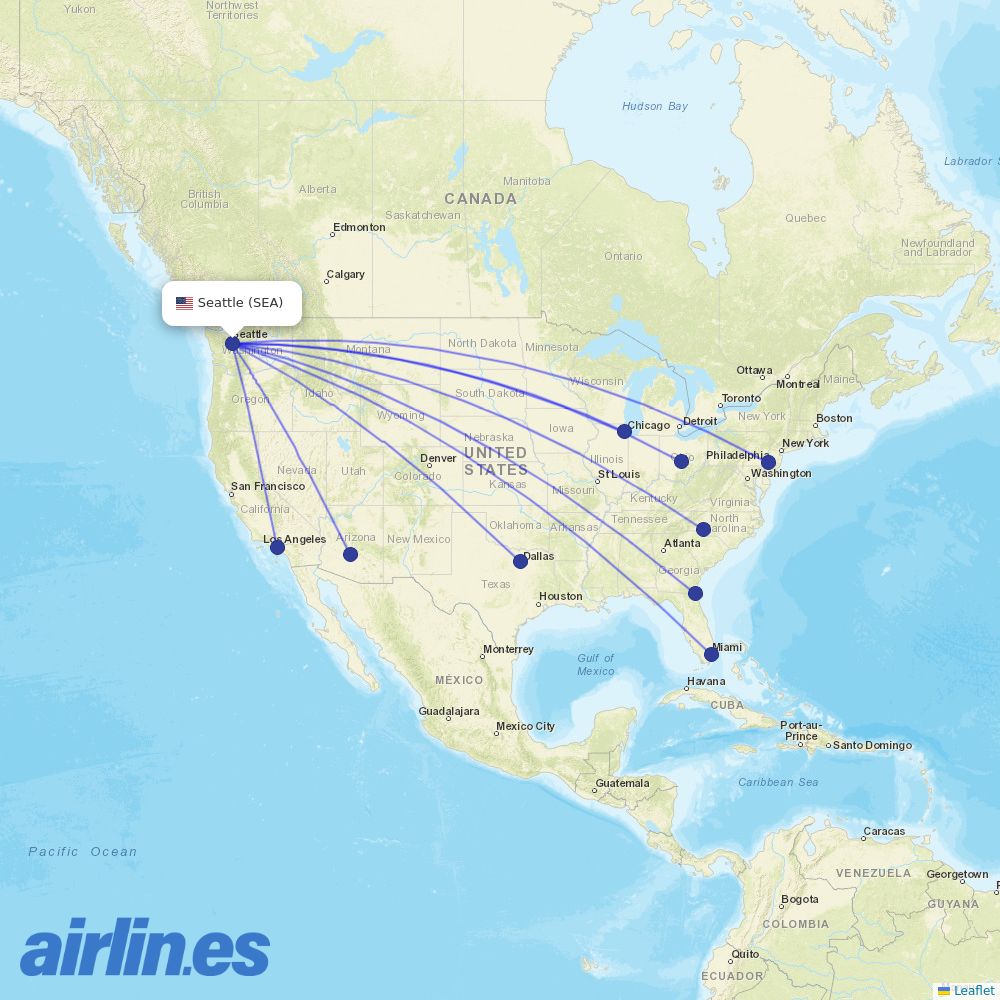 American Airlines from Seattle Tacoma International destination map