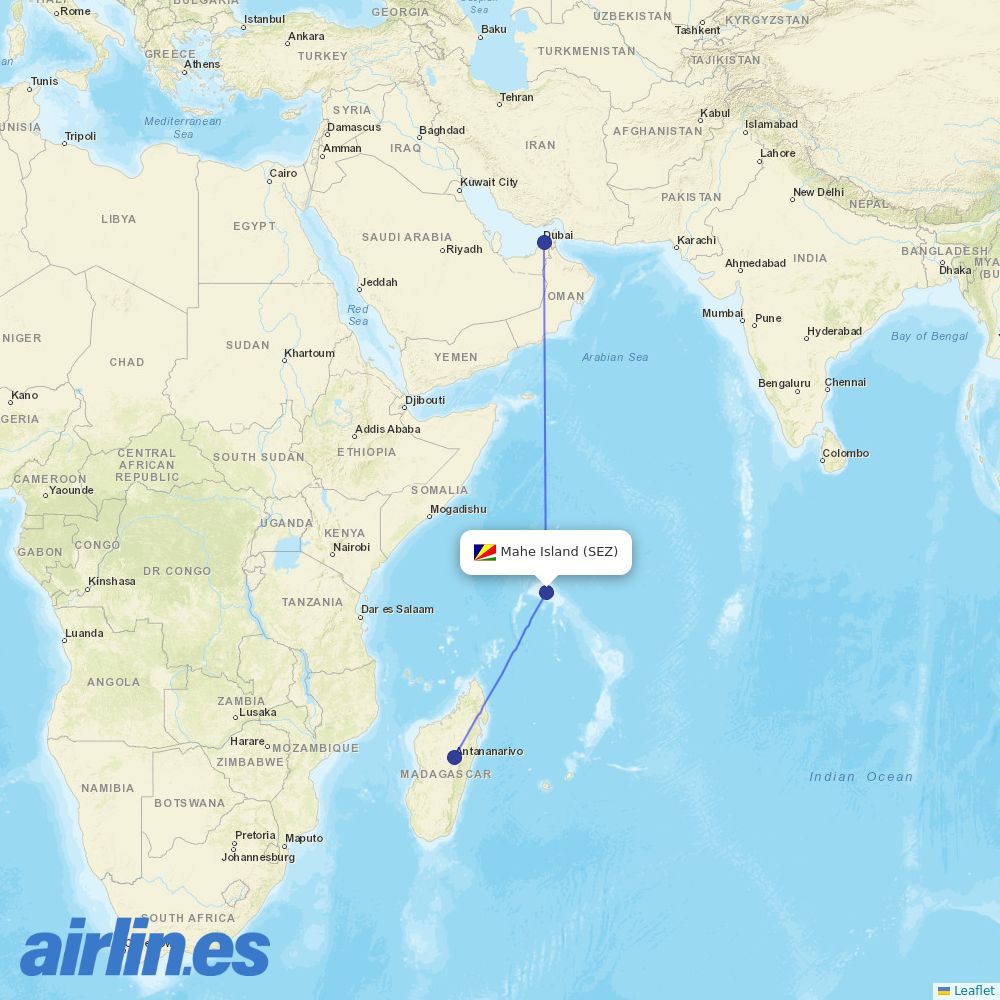 Emirates from Seychelles International destination map