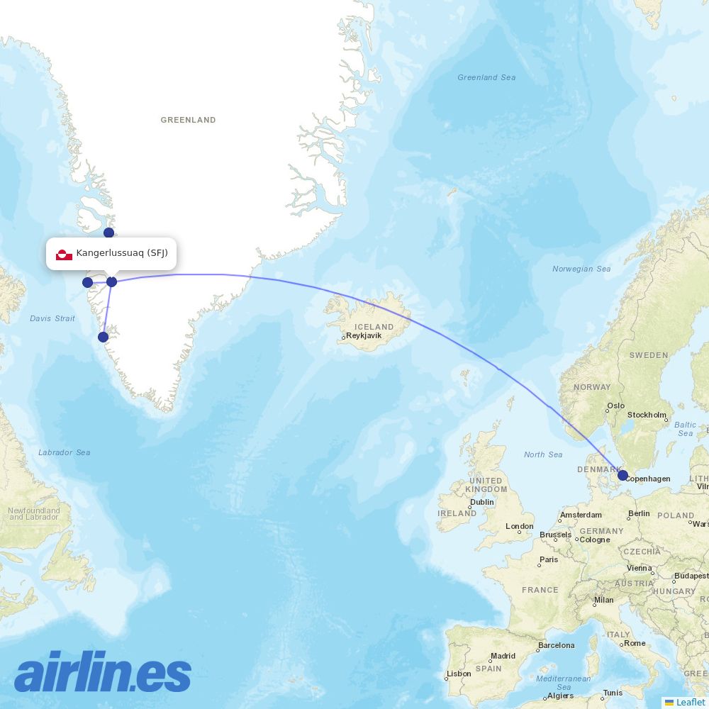 Air Greenland from Kangerlussuaq Sondre Stromfjord destination map
