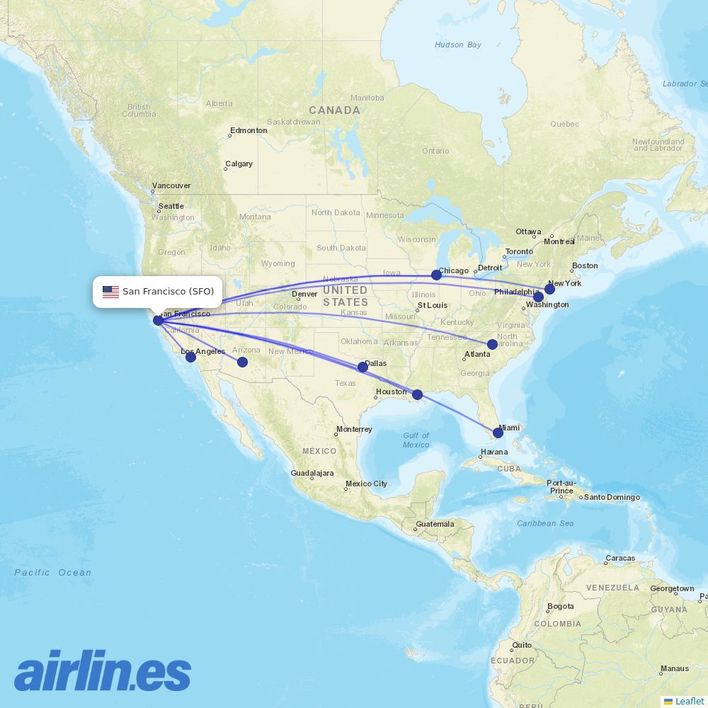 American Airlines from San Francisco International destination map