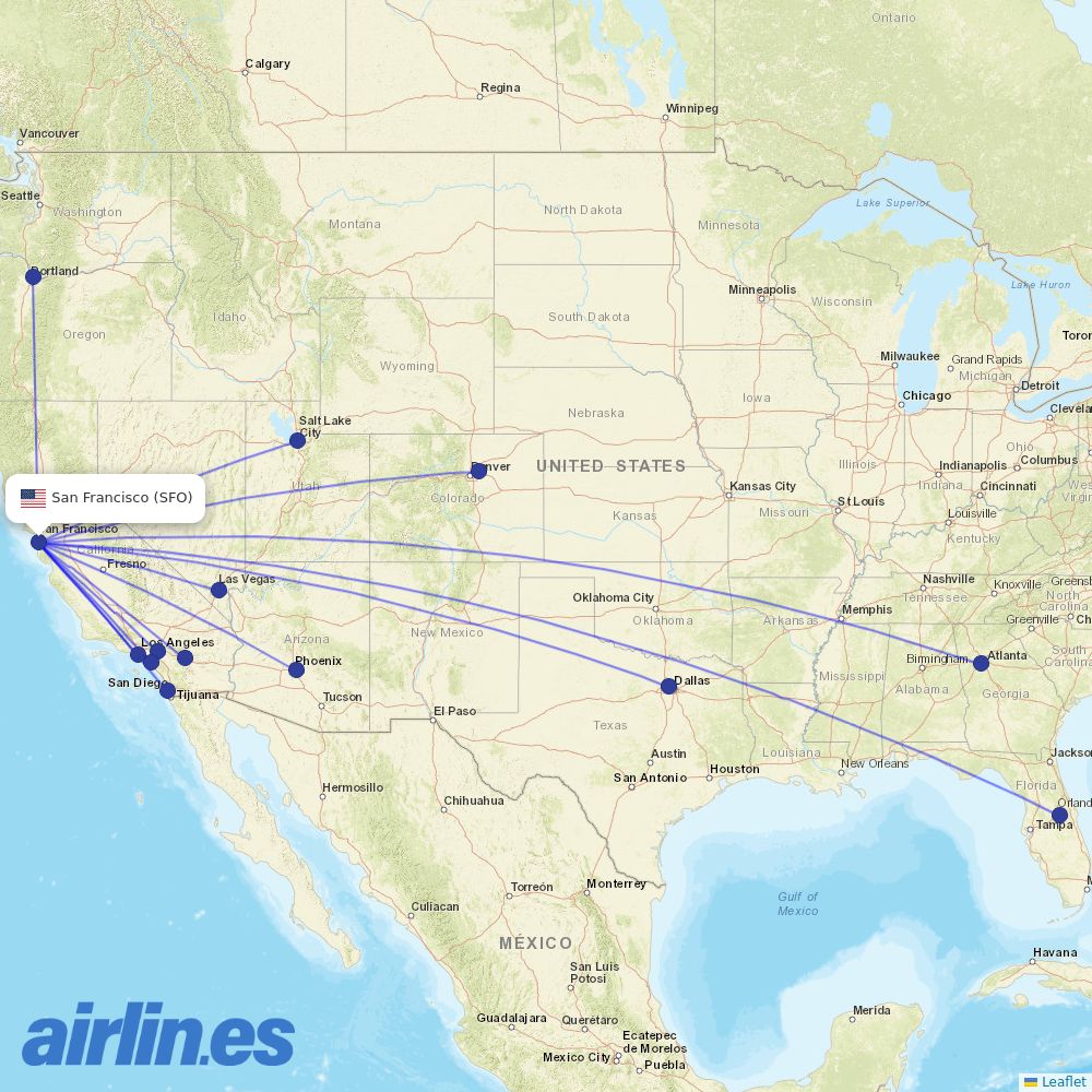 Frontier Airlines from San Francisco International destination map