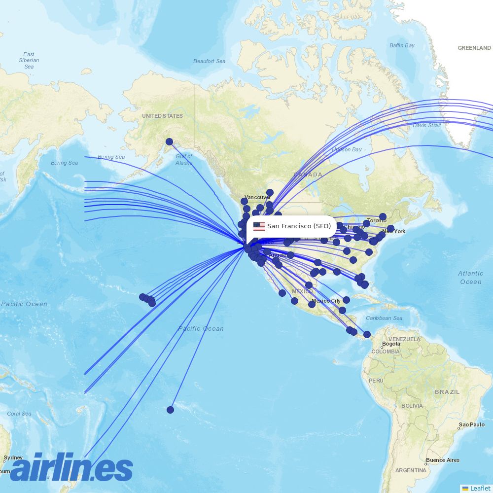 United Airlines from San Francisco International destination map