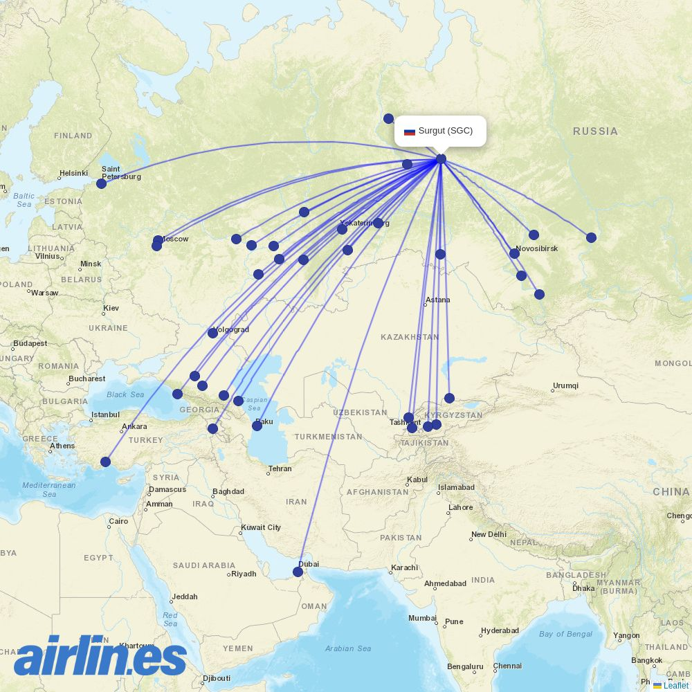 Aero Nomad Airlines from Surgut destination map