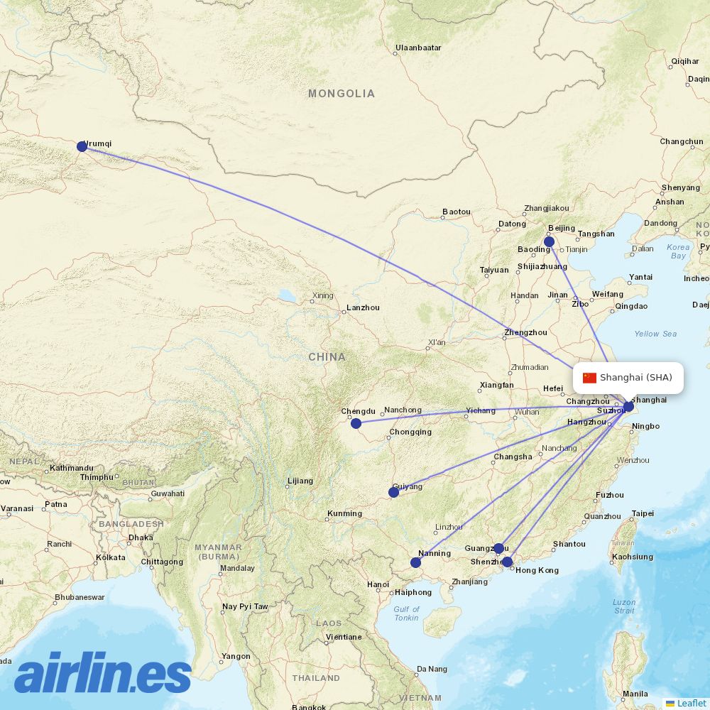 China Southern Airlines from Hongqiao International destination map