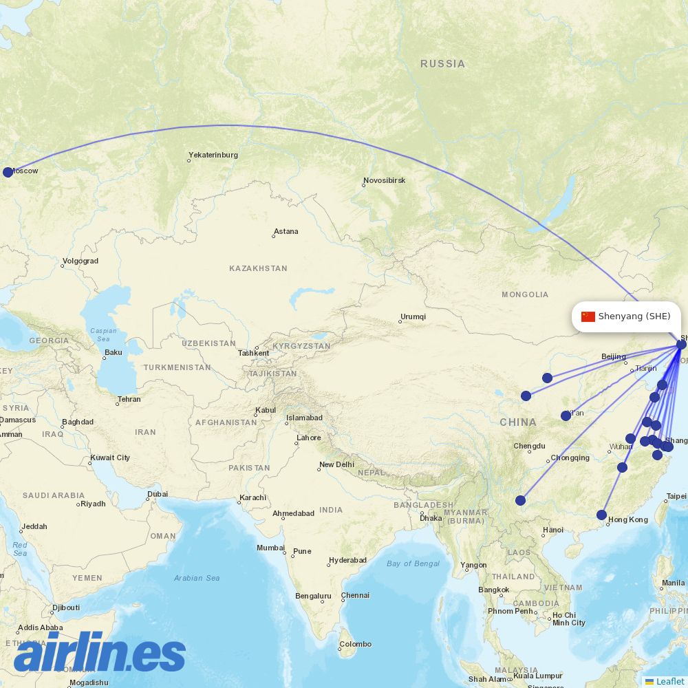 China Eastern Airlines from Shenyang Taoxian International Airport destination map