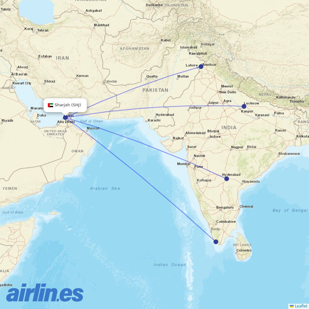 IndiGo from Sharjah International destination map