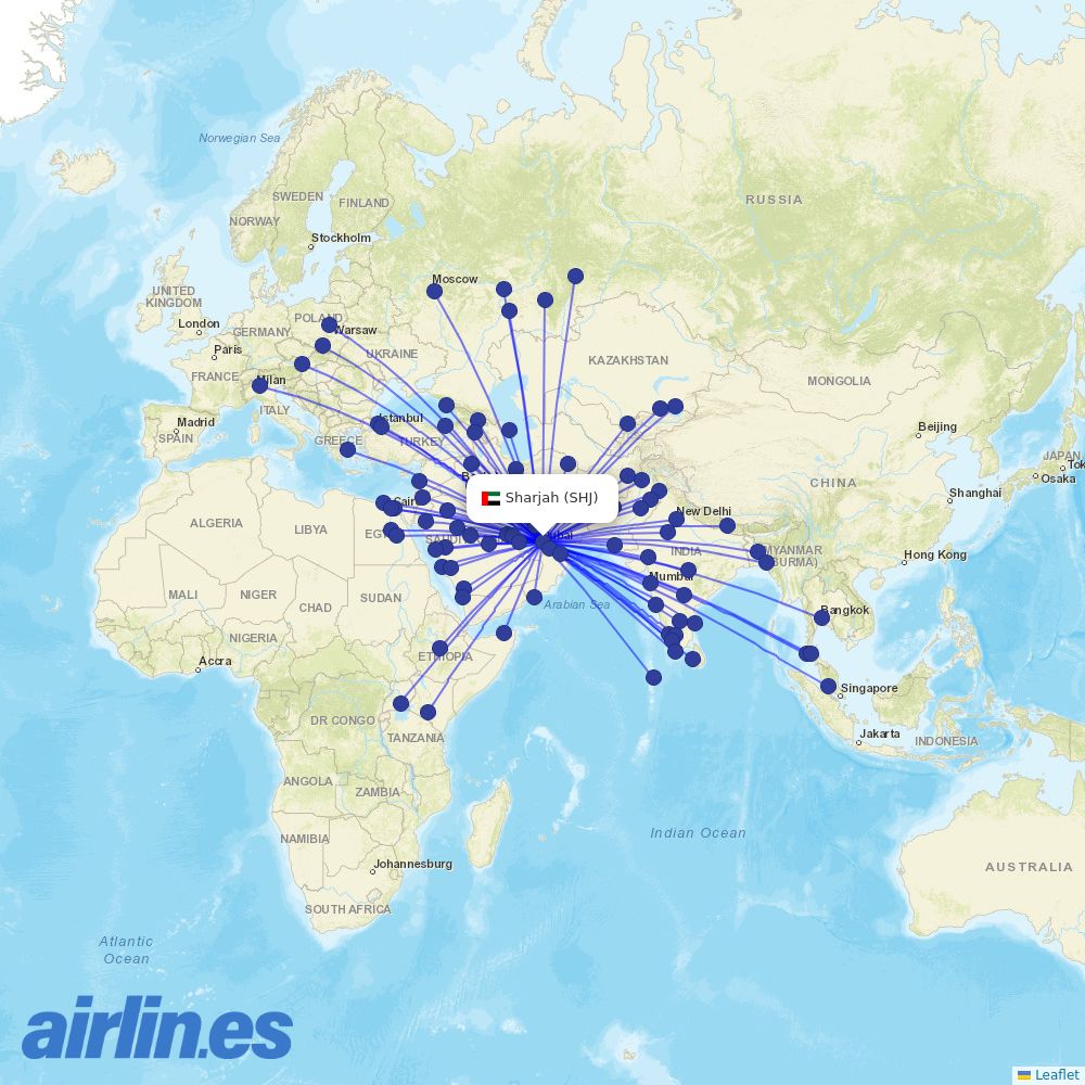 Air Arabia from Sharjah International destination map