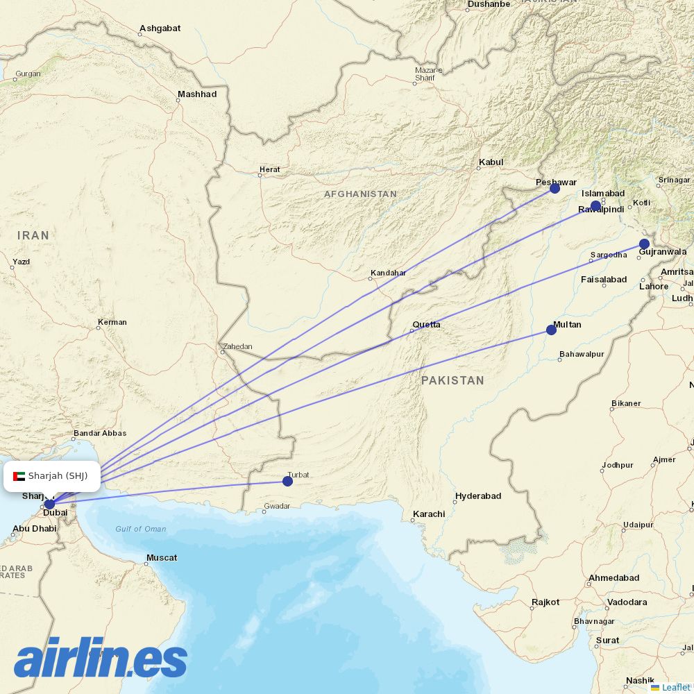 Pakistan International Airlines from Sharjah International destination map