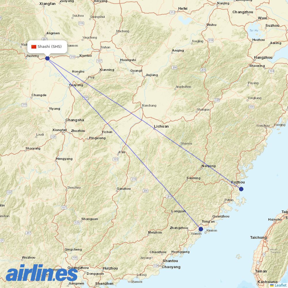 Xiamen Airlines from Shashi Airport destination map