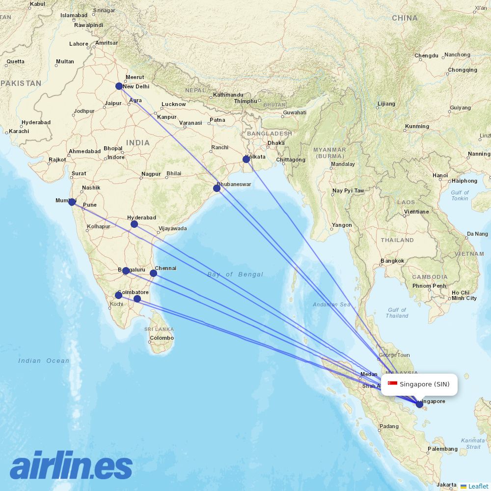 IndiGo from Singapore Changi Airport destination map