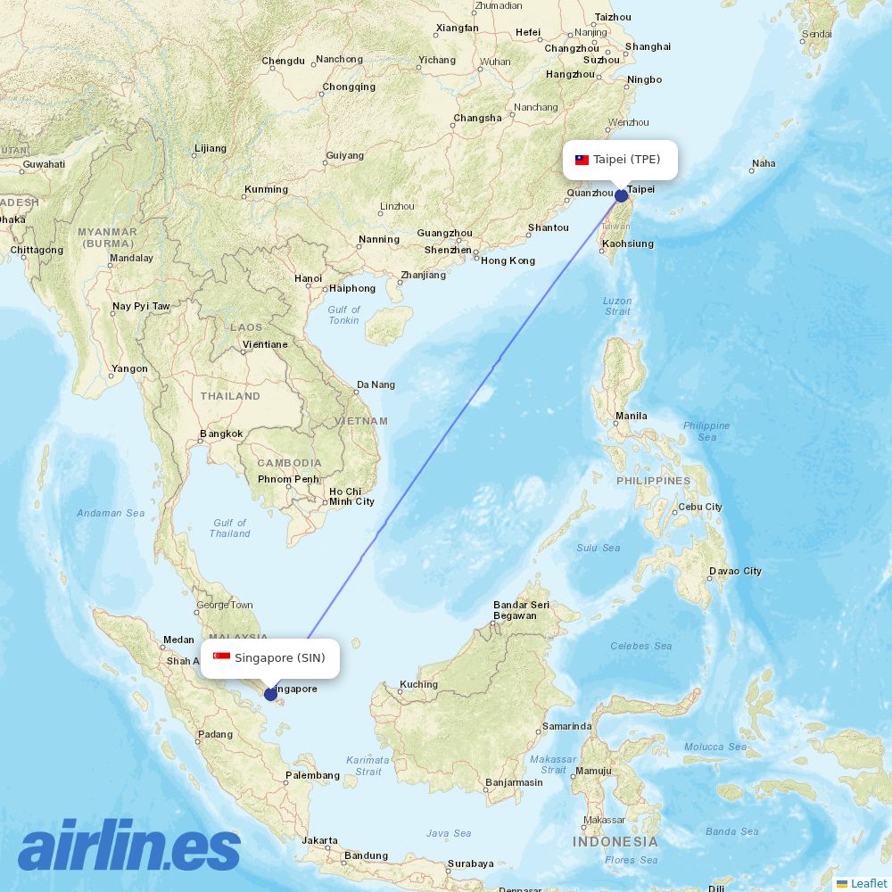 Starlux Airlines from Singapore Changi Airport destination map