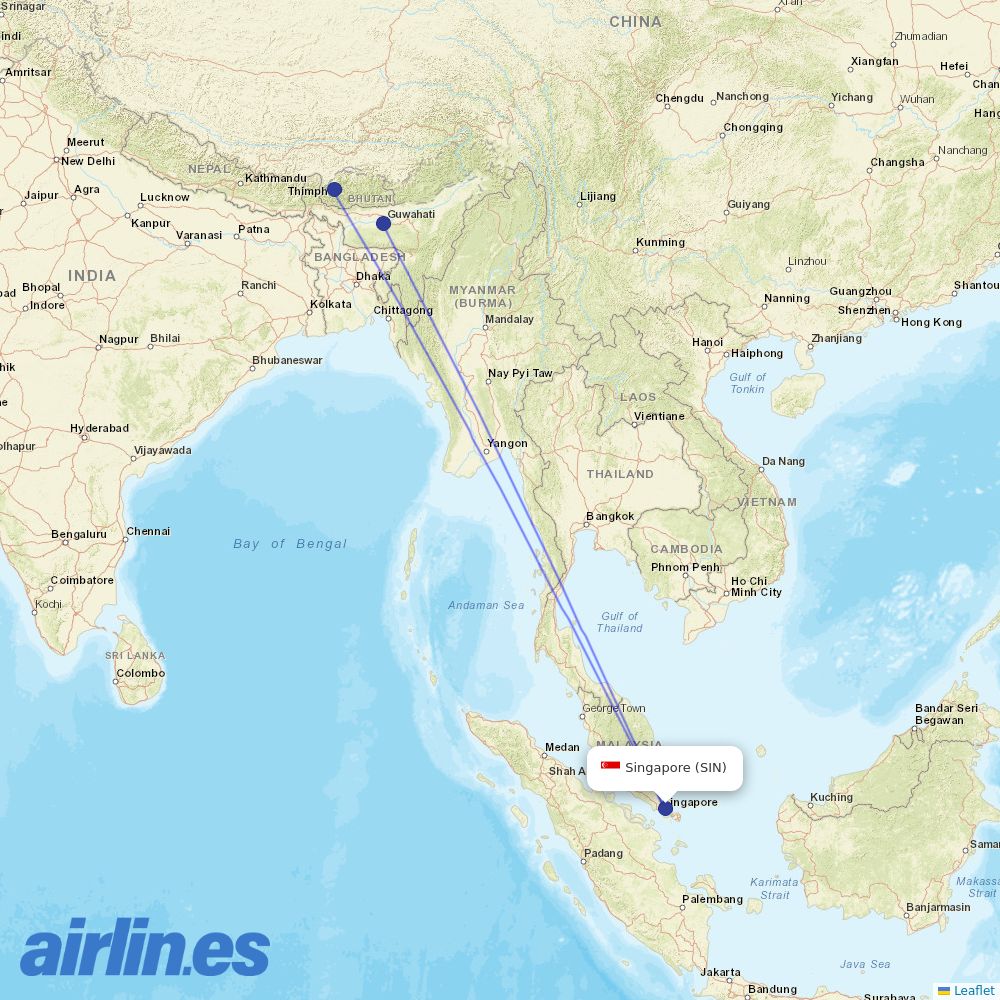 Drukair at SIN route map
